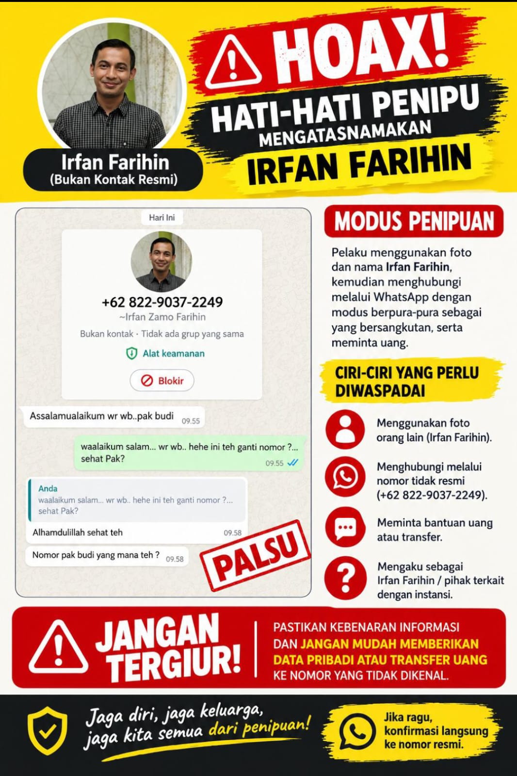 Hati-hati ! Modus Penipuan Mengatasnamakan Irfan Farihin, Subkor Humas dan Protokol Setwan DPRD Kabupaten Sukabumi